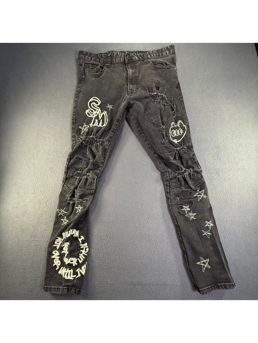Smoke Rise Men’s Black Distressed Graphic Print Slim Skinny Denim Jeans Sz 36x32